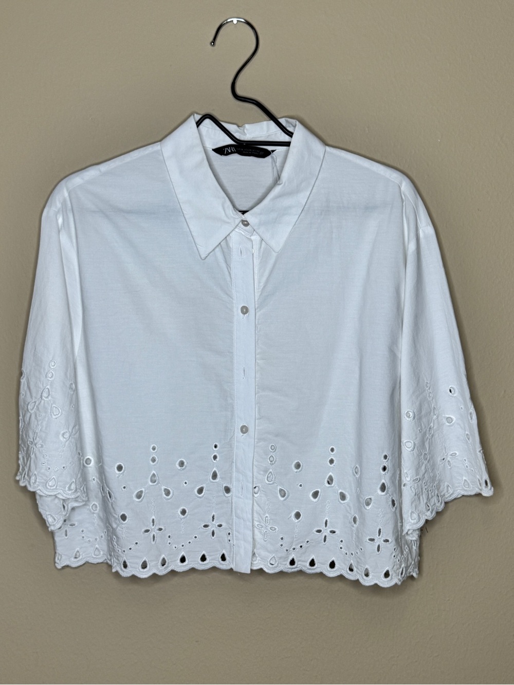 Zara White Eyelet Cropped Button-Down Shirt